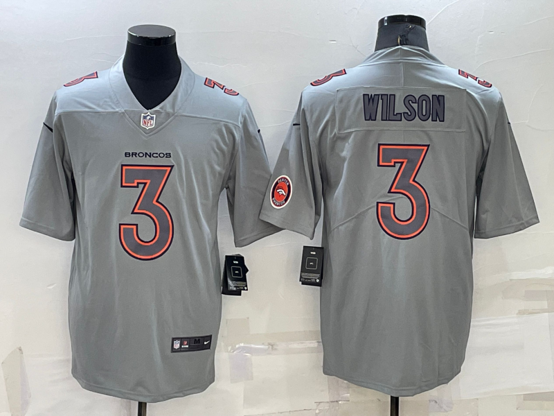 Custom Men’s Denver Broncos #3 Russell Wilson Grey Atmosphere Fashion Stitched Jersey