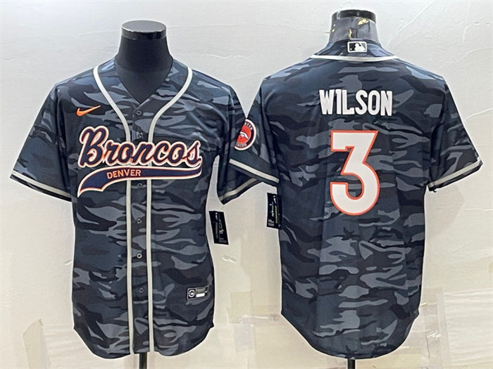 Custom Men’s Denver Broncos #3 Russell Wilson Grey Camo With Patch Cool Base Stitched Baseball Jersey