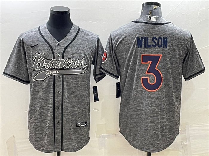 Custom Men’s Denver Broncos #3 Russell Wilson Grey With Patch Cool Base Stitched Baseball Jersey