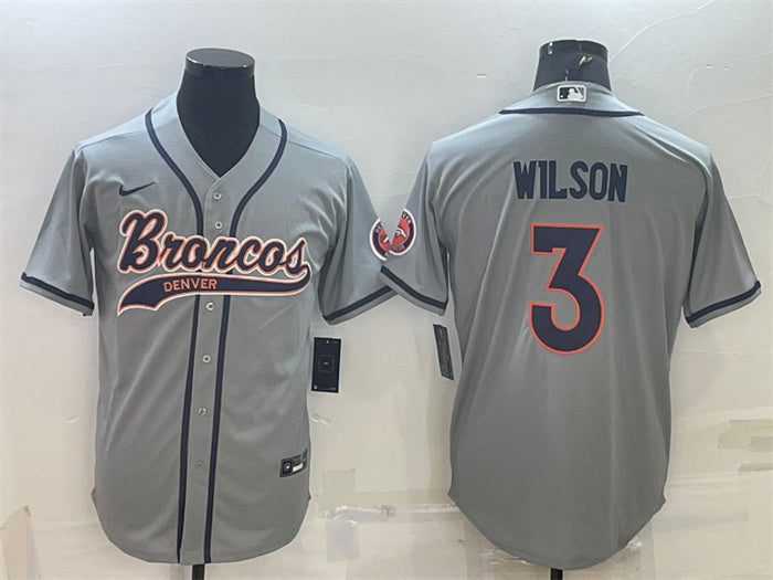 Custom Men’s Denver Broncos #3 Russell Wilson Grey With Patch Cool Base Stitched Baseball Jersey
