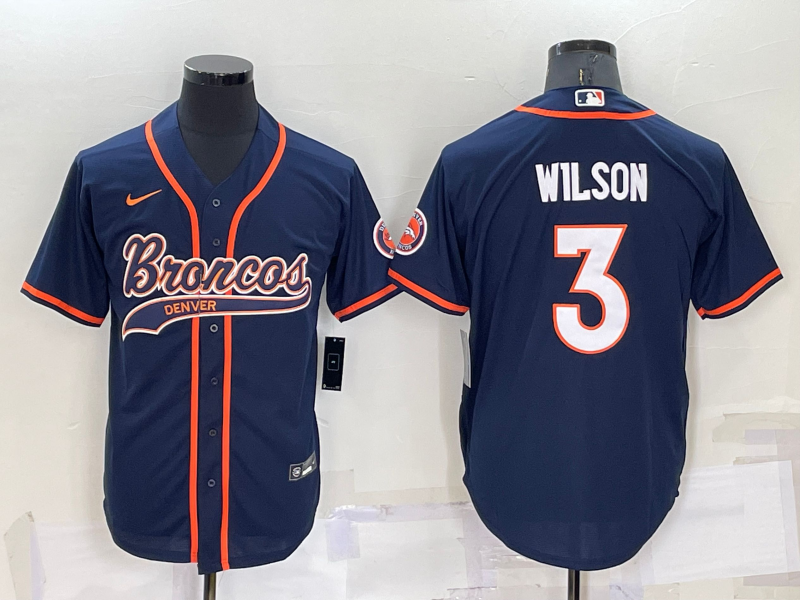 Custom Men’s Denver Broncos #3 Russell Wilson Navy Cool Base Stitched Baseball Jersey