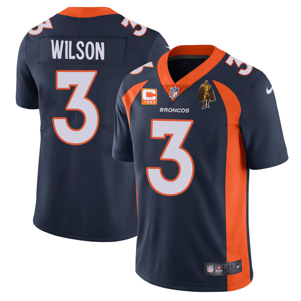 Custom Men’s Denver Broncos #3 Russell Wilson Navy With C Patch & Walter Payton Patch Vapor Untouchable Limited Stitched Jersey