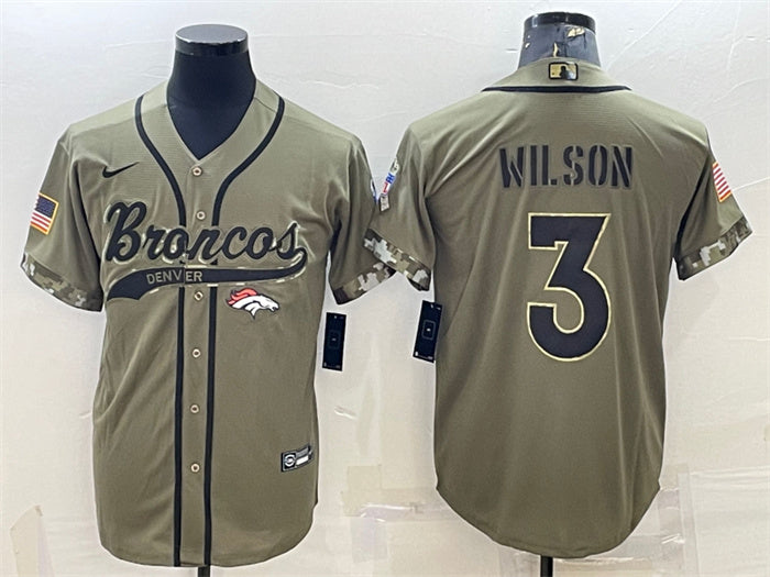 Custom Men’s Denver Broncos #3 Russell Wilson Olive 2022 Salute To Service Cool Base Stitched Baseball Jersey