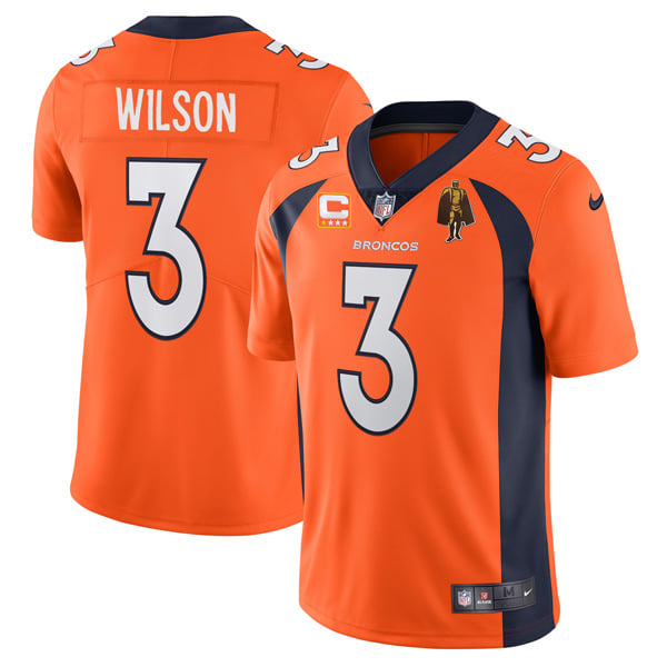 Custom Men’s Denver Broncos #3 Russell Wilson Orange With C Patch & Walter Payton Patch Vapor Untouchable Limited Stitched Jersey