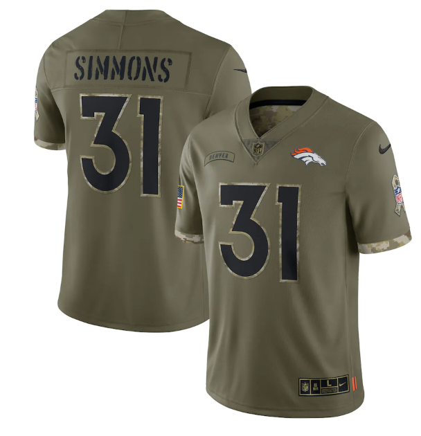Custom Men’s Denver Broncos #31 Justin Simmons Olive 2022 Salute To Service Limited Stitched Jersey
