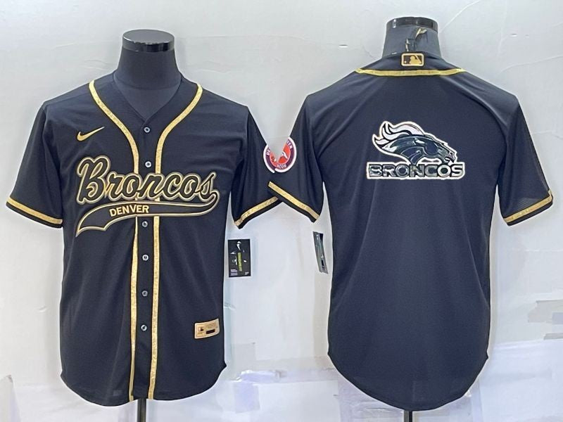 Custom Men’s Denver Broncos Black Gold Team Big Logo With Patch Cool Base Stitched Baseball Jersey