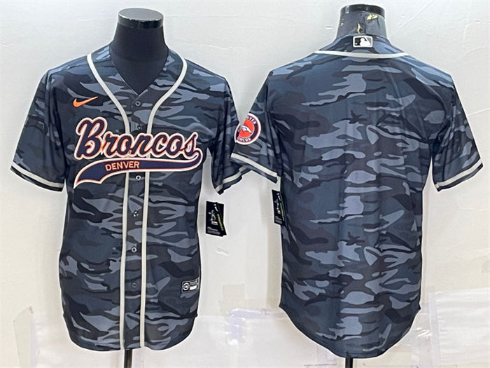 Custom Men’s Denver Broncos Blank Grey Camo With Patch Cool Base Stitched Baseball Jersey