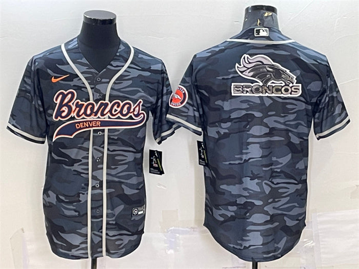 Custom Men’s Denver Broncos Grey Camo Team Big Logo With Patch Cool Base Stitched Baseball Jersey