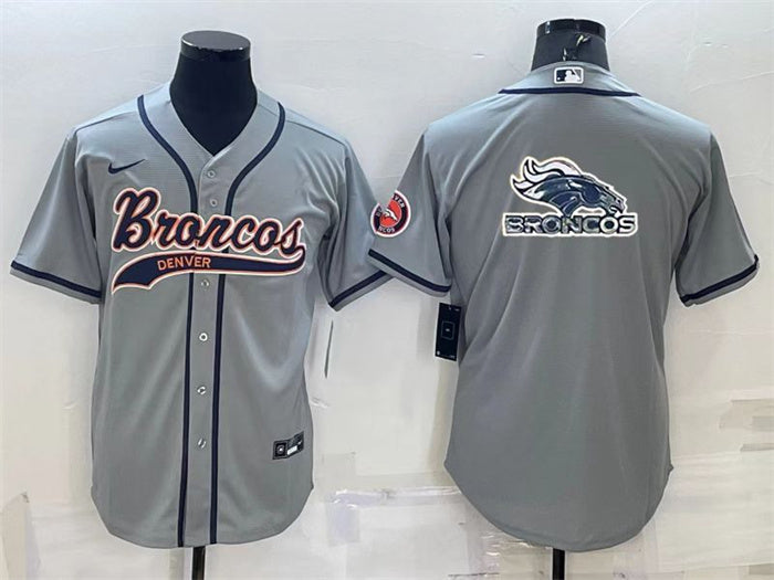 Custom Men’s Denver Broncos Grey Team Big Logo With Patch Cool Base Stitched Baseball Jersey