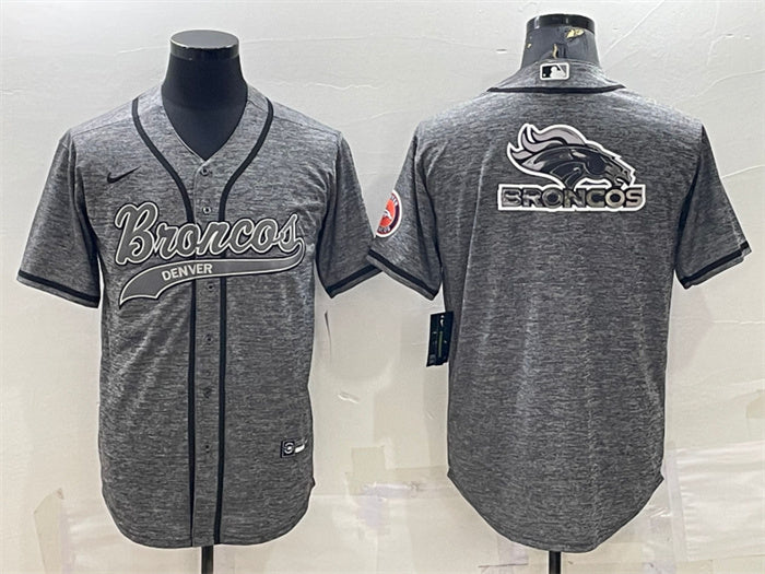 Custom Men’s Denver Broncos Grey Team Big Logo With Patch Cool Base Stitched Baseball Jersey