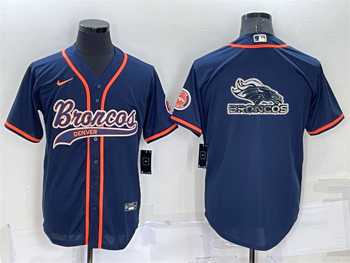 Custom Men’s Denver Broncos Navy Team Big Logo With Patch Cool Base Stitched Baseball Jersey