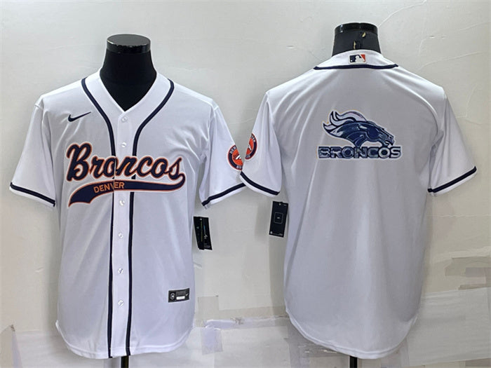 Custom Men’s Denver Broncos White Team Big Logo With Patch Cool Base Stitched Baseball Jersey