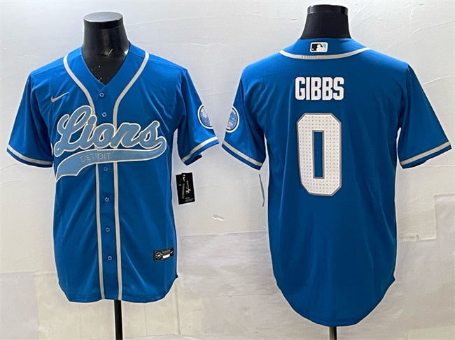 Custom Men’s Detroit Lions #0 Jahmyr Gibbs Blue Cool Base Stitched Baseball Jersey