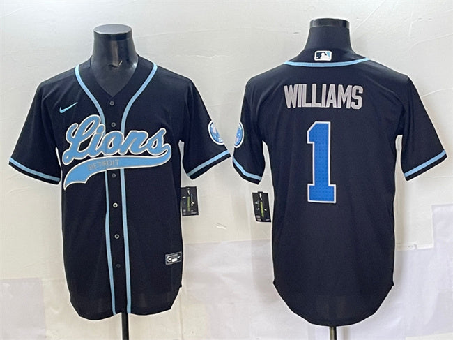 Custom Men’s Detroit Lions #1 Jameson Williams Black Stitched Baseball Jersey