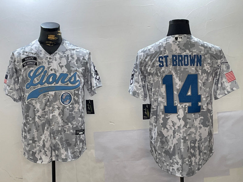 Custom Men’s Detroit Lions #14 Amon-Ra St. Brown 2024 Arctic Camo Salute To Service Stitched Baseball Jerseys