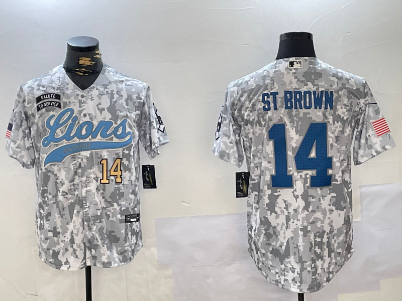 Custom Men’s Detroit Lions #14 Amon-Ra St. Brown 2024 Arctic Camo Salute To Service Stitched Baseball Jerseys