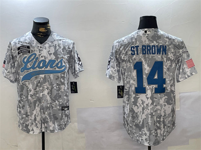 Custom Men’s Detroit Lions #14 Amon-Ra St. Brown 2024 Arctic Camo Salute To Service Stitched Baseball Jersey