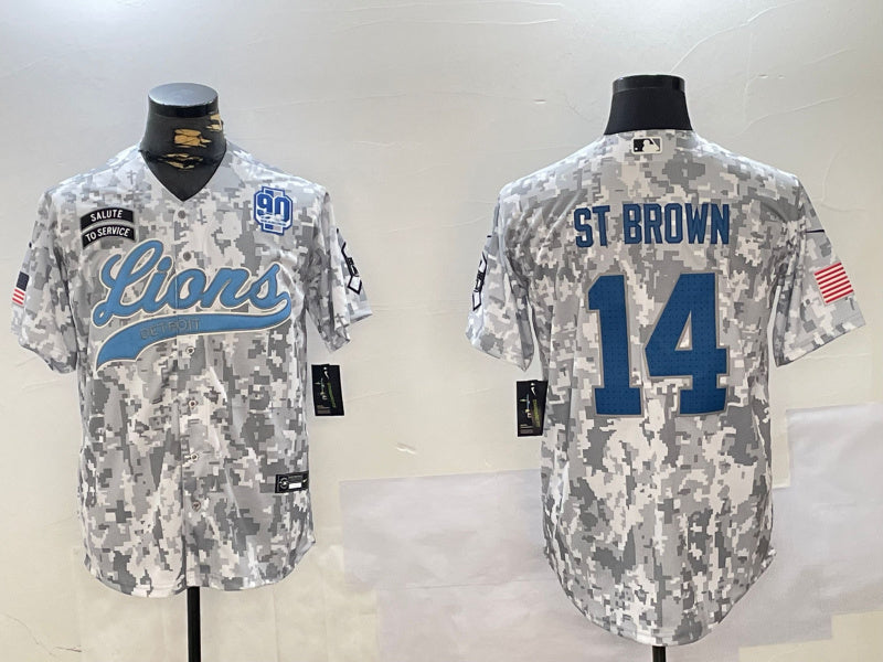 Custom Men’s Detroit Lions #14 Amon-Ra St. Brown 2024 Arctic Camo Salute To Service Stitched Baseball Jerseys