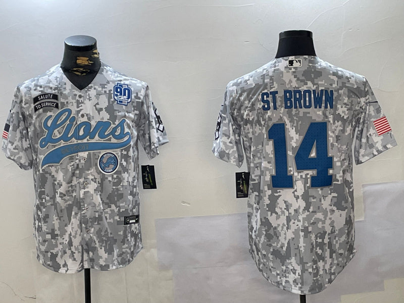 Custom Men’s Detroit Lions #14 Amon-Ra St. Brown 2024 Arctic Camo Salute To Service Stitched Baseball Jerseys
