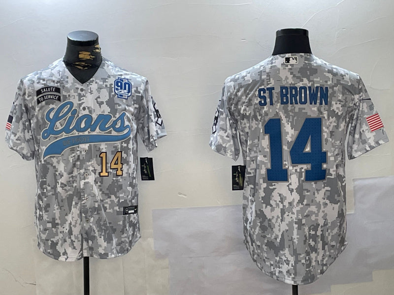 Custom Men’s Detroit Lions #14 Amon-Ra St. Brown 2024 Arctic Camo Salute To Service Stitched Baseball Jerseys