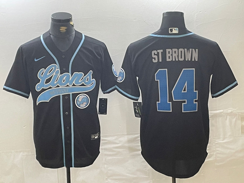 Custom Men’s Detroit Lions #14 Amon-Ra St. Brown Black Cool Base Stitched Baseball Jerseys