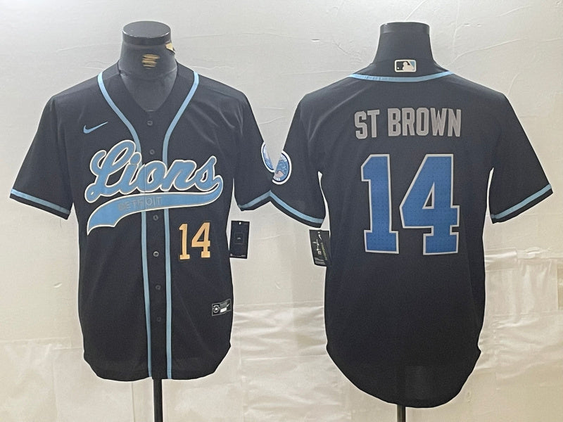 Custom Men’s Detroit Lions #14 Amon-Ra St. Brown Black Cool Base Stitched Baseball Jerseys