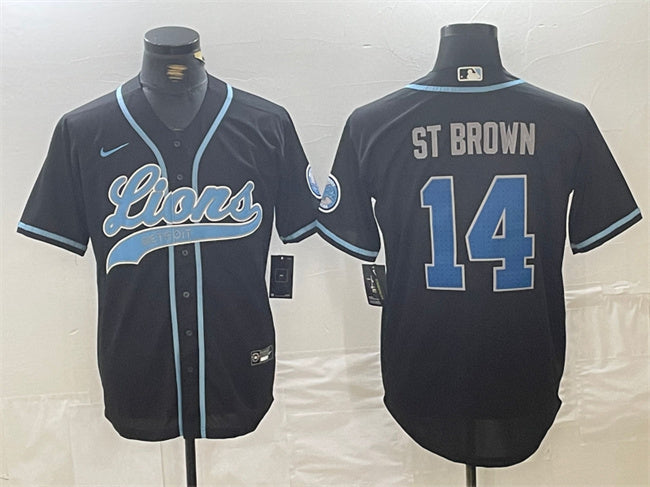 Custom Men’s Detroit Lions #14 Amon-Ra St. Brown Black Cool Base Stitched Baseball Jersey
