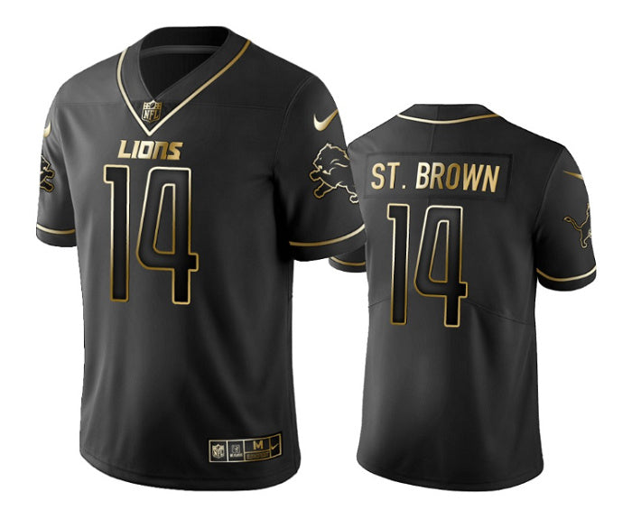 Custom Men’s Detroit Lions #14 Amon-Ra St. Brown Black Gold Edition Stitched Jersey