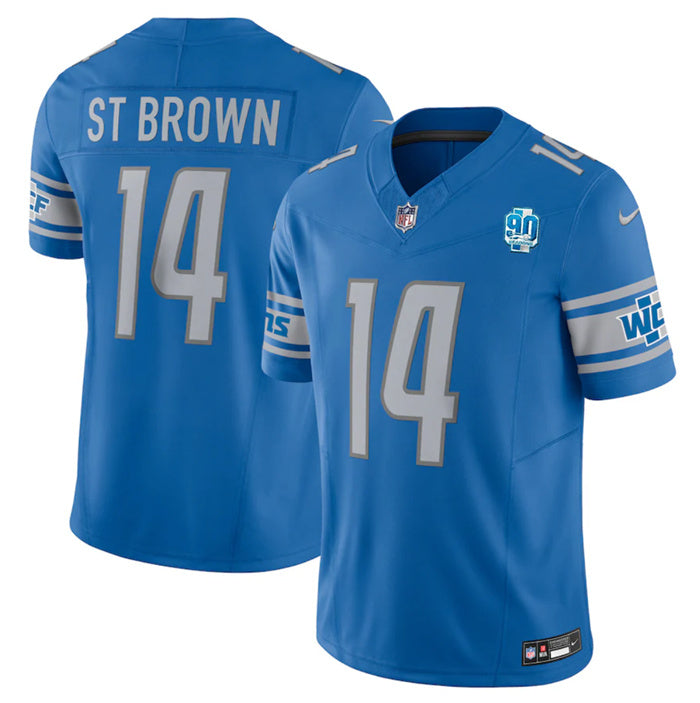 Custom Men’s Detroit Lions #14 Amon-Ra St. Brown Blue 2023 F.U.S.E. 90th Anniversary Vapor Untouchable Limited Stitched Jersey