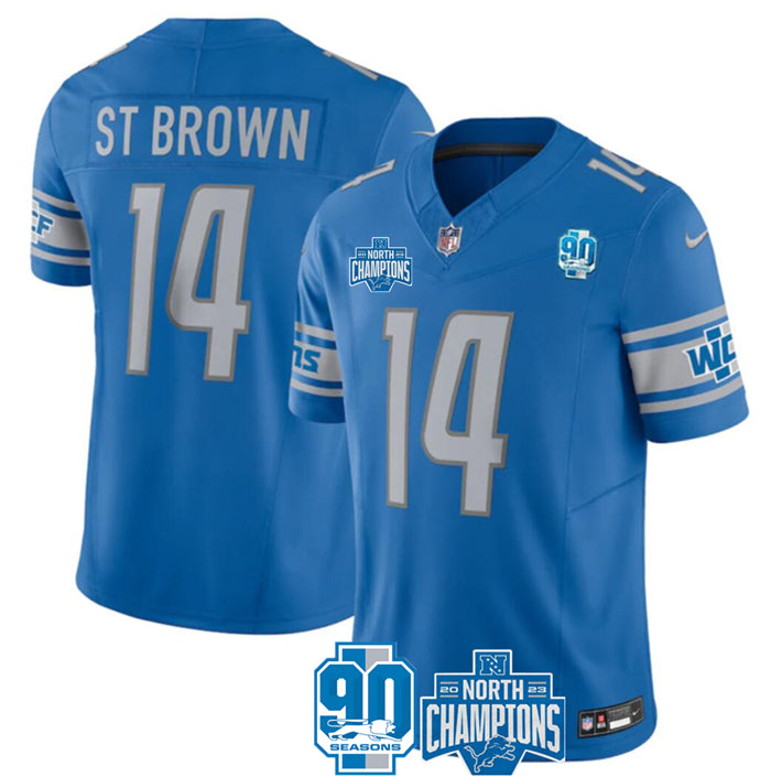 Custom Men’s Detroit Lions #14 Amon-Ra St. Brown Blue 2023 F.U.S.E. NFC North Division Champions Vapor Untouchable Limited Stitched Jersey