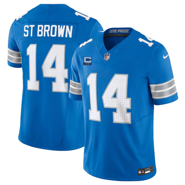Custom Men’s Detroit Lions #14 Amon-Ra St. Brown Blue 2024 F.U.S.E. With 2-Star C Patch Vapor Limited Stitched Jersey