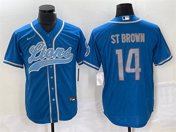 Custom Men’s Detroit Lions #14 Amon-Ra St. Brown Blue Cool Base Stitched Baseball Jersey