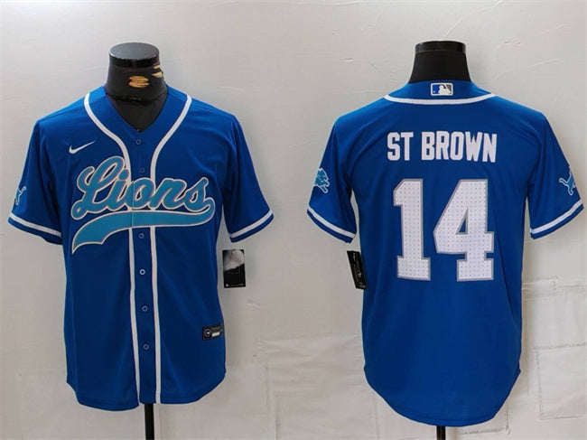 Custom Men’s Detroit Lions #14 Amon-Ra St. Brown Blue Cool Base Stitched Baseball Jersey