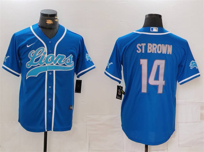 Custom Men’s Detroit Lions #14 Amon-Ra St. Brown Blue Cool Base Stitched Baseball Jersey