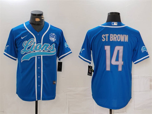 Custom Men’s Detroit Lions #14 Amon-Ra St. Brown Blue With 90th Anniversary Patch Cool Base Stitched Baseball Jersey