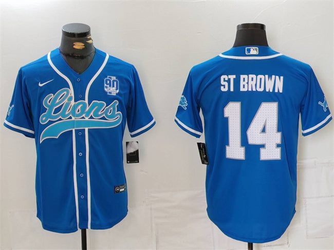 Custom Men’s Detroit Lions #14 Amon-Ra St. Brown Blue With 90th Anniversary Patch Cool Base Stitched Baseball Jersey