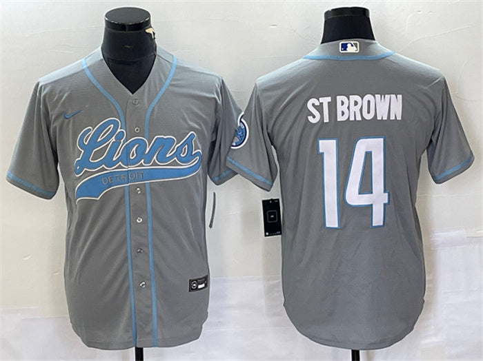 Custom Men’s Detroit Lions #14 Amon-Ra St. Brown Gray Cool Base Stitched Baseball Jersey