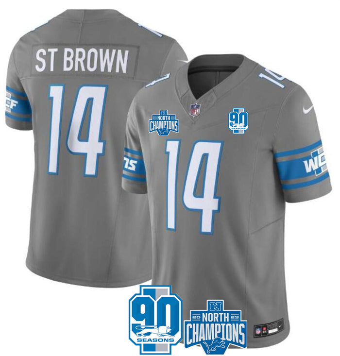 Custom Men’s Detroit Lions #14 Amon-Ra St. Brown Grey 2023 F.U.S.E. 90th Anniversary NFC North Division Champions Vapor Untouchable Limited Stitched Jersey