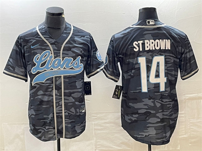 Custom Men’s Detroit Lions #14 Amon-Ra St. Brown Grey Camo Cool Base Stitched Baseball Jersey