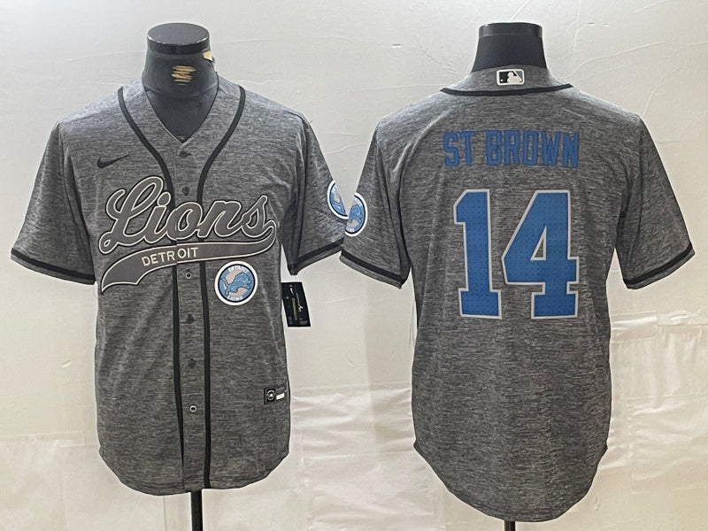 Custom Men’s Detroit Lions #14 Amon-Ra St. Brown Grey Cool Base Stitched Baseball Jerseys