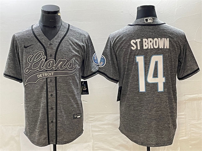 Custom Men’s Detroit Lions #14 Amon-Ra St. Brown Grey Cool Base Stitched Baseball Jersey