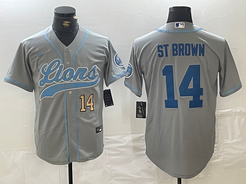 Custom Men’s Detroit Lions #14 Amon-Ra St. Brown Grey Cool Base Stitched Baseball Jerseys