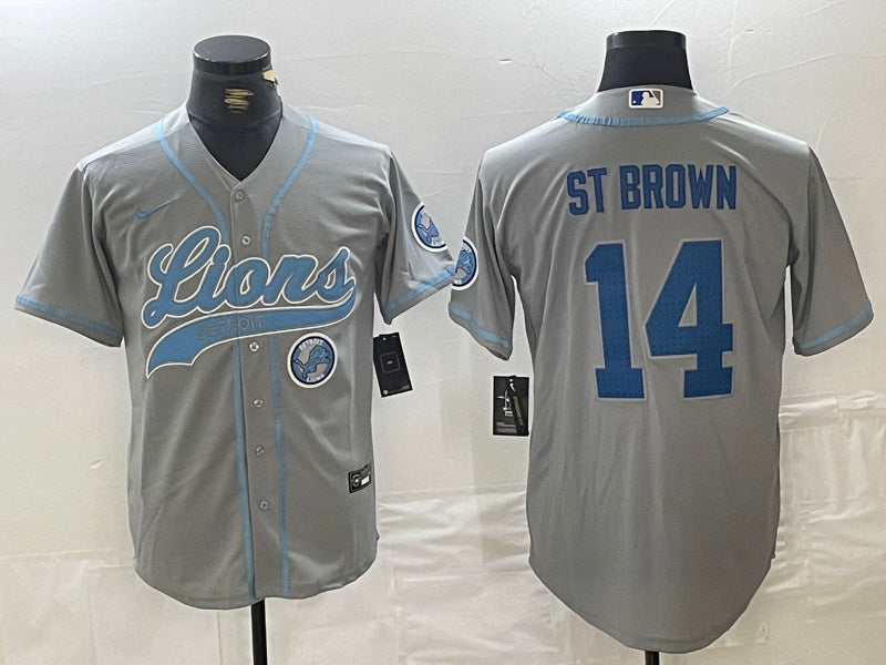 Custom Men’s Detroit Lions #14 Amon-Ra St. Brown Grey Cool Base Stitched Baseball Jerseys