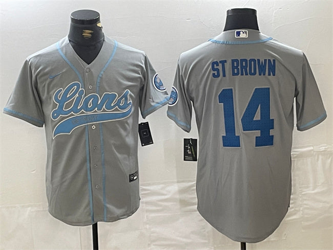 Custom Men’s Detroit Lions #14 Amon-Ra St. Brown Grey Cool Base Stitched Baseball Jersey
