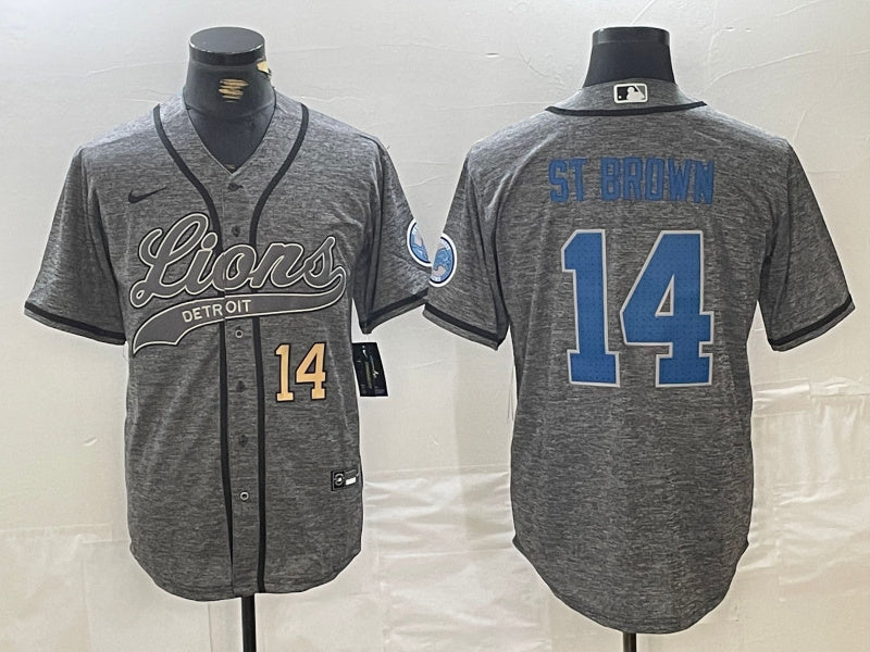 Custom Men’s Detroit Lions #14 Amon-Ra St. Brown Grey Cool Base Stitched Baseball Jerseys