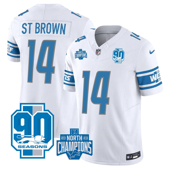 Custom Men’s Detroit Lions #14 Amon-Ra St. Brown White 2023 F.U.S.E. 90th Anniversary NFC North Division Champions Vapor Untouchable Limited Stitched Jersey