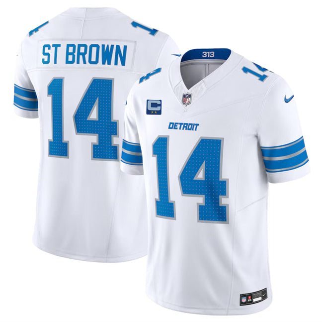 Custom Men’s Detroit Lions #14 Amon-Ra St. Brown White 2024 F.U.S.E. With 2-Star C Patch Vapor Limited Stitched Jersey