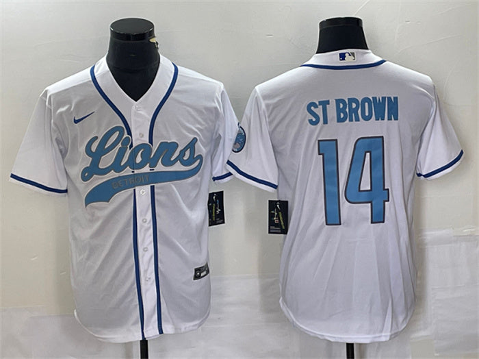 Custom Men’s Detroit Lions #14 Amon-Ra St. Brown White Cool Base Stitched Baseball Jersey