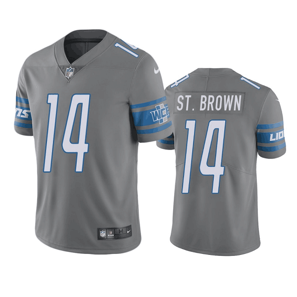 Custom Men’s Detroit Lions #14 Mon-Ra St. Brown Grey Vapor Untouchable Limited Stitched Jersey