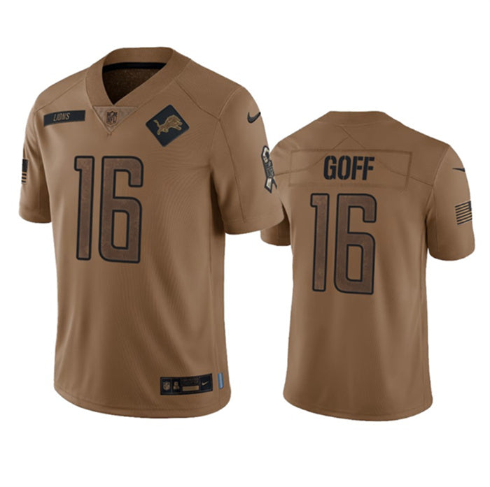 Custom Men’s Detroit Lions #16 Jared Goff 2023 Brown Salute To Service Limited Stitched Jersey